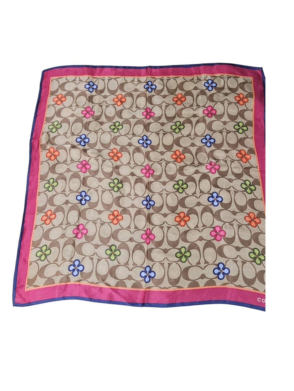 Coach Multicolor Floral Signature Silk Scarf with Pink Border